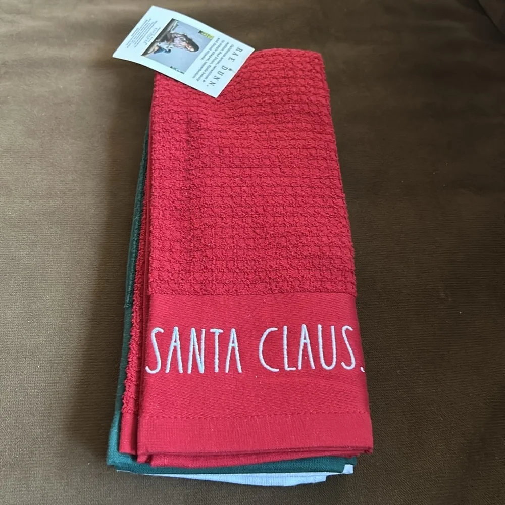 Rae Dunn Christmas Kris Kringle Santa Claus Kitchen Towels Set of 3 Embroidered